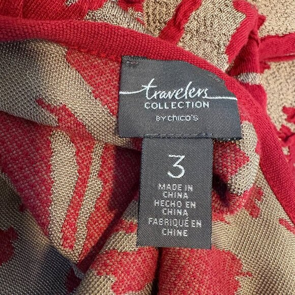 Chicos Travelers Exploded Red Beige Textured Jacquard Open Front Cardigan Size 3 - Picture 4 of 11